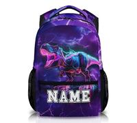 GiftRomance Personalised Dinosaur Backpack for Boys - Custom Kids School Bag with Name - 17 Inch Lightweight Rucksack with Purple Lightning Background - Ideal for Age 3-10