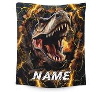 GiftRomance Personalised Dinosaur Blanket for Boys - Custom Name Fleece Throw with Lightning Wall Break T-Rex Design, Cool Kids Blanket Gift for Bedroom or Sofa
