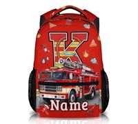 GiftRomance Personalised Fire Engine Backpack with Name and Initial | Custom Red Firetruck Boys School Bag, Durable Oxford Fabric Kids Rucksack for Little Heroes