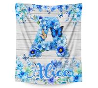 GiftRomance Personalised Initial Blanket with Name - Custom Blue Butterfly Floral Fleece Throw for Kids, Soft Cosy Blanket for Girls Bedroom & Gifts
