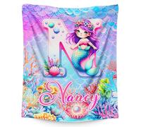 GiftRomance Personalised Initial Mermaid Blanket - Custom Name Fleece Throw for Girls, Soft Cosy Bed Blanket Birthday Gift