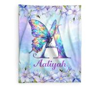 GiftRomance Personalised Initial Name Blanket, Butterfly Flannel Throw (102 x 127 cm), Soft and Cosy Gift for Girls, Sofa, Bed, Home Use