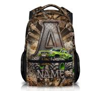 GiftRomance Personalised Monster Truck Backpack with Name and Initial | Cool Industrial 3D Off-Road Boys School Bag, Durable Oxford Fabric Kids Rucksack for Primary School