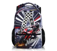 GiftRomance Personalised Motorbike Backpack with Name and Initial | Custom Red Superbike Boys School Bag, Racing Track Style Kids Sports Bag, Durable Oxford Fabric Rucksack for Primary School