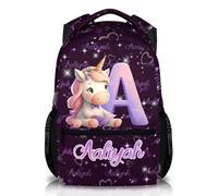 GiftRomance Personalised Purple Unicorn Backpack with Name and Initial | Galaxy Starry Kids Bookbag, Durable Oxford Fabric Girls School Bag for Primary School