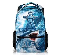 GiftRomance Personalised Shark Backpack with Name and Initial ， Great White Ocean Theme Boys School Bag, Nautical Anchor Style Kids Rucksack, Durable Oxford Fabric for Primary School