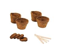 Gifts Direct 2 U Plant Starter Pack of 4 - Coco Coir Plant Pots & Coco Coil Husk Compost Discs & Plant Marker Sticks Natural Coconut Fibre Vegetable Herb Flower Seed Seedling Cuttings