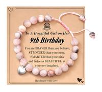 Gifts for 9 Year Old Girls-Adjustable Handmade Bracelet with Unique Pink Stone Beaded Bracelets,Heart Charm & Inspirational Card,9th Birthday Friendship Gifts, Keepsake for Girls,Best Friends