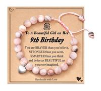 Gifts for 9 Year Old Girls,Girls Natural Stone Bracelet,Healing Pink Crystal Stones Beaded Adjustable Bracelets with Cards Meaningful Girl Age 9 Birthday Presents for Daughter,Niece,Granddaughter