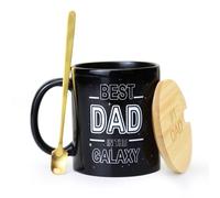 Gifts for Dad, Black Coffee Mug with Lid 11oz - Best Dad in The Galaxy, Unique Ceramic Mug- Funny Dad Gift from Daughter, Son, The World's Best Dad Birthday Gift Christmas.