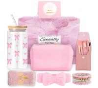 Gifts for Girls Teenage 9 10 11 12 13 14 Year Old, Back to School Birthday Gifts for Girls Age 8-15, Glass Cup with Lid and Straw, Makeup Brushes Cosmetic Bag Bracelets Socks Headband, Bow Coffee Cup