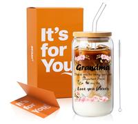 Gifts for Grandma from Granddaughter, Grandson - Best Grandma Ever Aesthetic Can Shaped Glass Cup, 16oz Iced Coffee Tumbler - Birthday, Christmas, Mothers Day Gift Set with Lid, Straw & Card