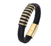 Gifts for Men Stretch Bracelet Men, PU Leather Charm Bracelet Men's Totem Bangle Stainless Steel Gold Wrist Chain Stainless Steel with Magnetic Clasp, Length 16.5 cm, Faux Leather, Without