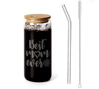 Gifts for Mom | 20oz Iced Coffee Mugs | Glass Cups with Lids and Straws | Glass Tumbler with Bamboo Lid and Straw | Best Mother Ever | Beer Glass | Can Shaped Drinking Glass.