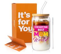 Gifts for Mom from Daughter, Son - Best Mom Ever Aesthetic Can Shaped Glass Cup, 16oz Iced Coffee Tumbler - Complete Birthday, Christmas, Mothers Day Gift Set with Lid, Straw & Card