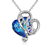Gifts for Mum, 925 Sterling Silver Heart Necklace with September Birthstone Sapphire Crystal Pendant Jewellery (Sapphire Blue)