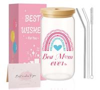Gifts for Mum - Mum Birthday Gift Glass Cups with Lids and Straws, Mums Mug, Perfect for Mothers Birthday Gift, Christmas, or Mother's Day, Present for Mom from Daughters or Sons, Best Mom Gifts