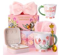 Gifts for Mum - Mum Gifts Christmas Birthday Present for Mums Mother From Daughter Son 18OZ Ceramic Pink Tulip Coffee Mug with Spoon Headband Socks Jewelry Box Greeting Card Gorgeous Gift Box