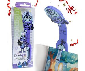 Gifts for Readers & Writers Book Light for Kids, Clip On Reading Light for Bed, 2in1 Flexilight Pals & Bookmark, Small & Lightweight with a Soft Glow, 2 Batteries Included, Robot Purple