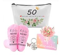 Gifts for Women, 50th Birthday Gifts for Women with Socks, Cosmetic Bag, Greeting Card and Keyring Engraved Happy Birthday, My Queen, Birthday Gift for Women