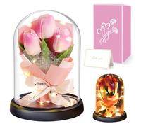 Gifts for Women, Artificial Tulips, Eternal Gift for Mother, Grandma, Artificial Tulip in Glass Dome, Unique, Personalised Birthday Gifts for Friends, Sisters, Wife, Pink/White