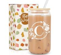Gifts for Women, Birthday Gifts for Women, Personalised Monogrammed Gift, 16oz Initial Glass Cup with Lids Straws, Personalised Custom Cute Glass Cup for Mom, Teachers, Friends, Initial C