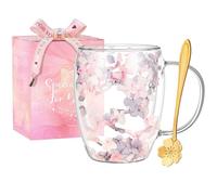 Gifts for Women Dried Flowers Double Wall Glass Coffee Mugs Cute Glass Tea Cups with Handles Christmas Birthday Gifts for Best Friend Teacher Mum Gift Ideas Autumn Mug Home Decor(Grey+Pink)