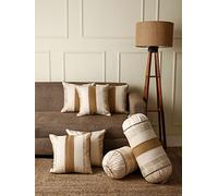 Gifts Island® Combo Silk Traditional Striped & Rajasthani Golden Hand Printed Square Pillow Cushion Covers 16x16 inches Set of 5 & Round Pillow Bolster Covers Set of 2 16x32 inches (Pack of 7,Beige)