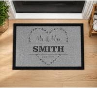 Gifts Unseen Personalised Mr & Mrs Doormat, Custom Family Name and Established Year, Grey, 70x40cm, Non-Slip Rubber Back, Machine Washable