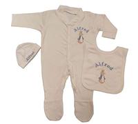 Giftsabc Personalised white baby grow babygro, bib and hat set with Peter Rabbit and a name baby gift