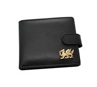 Giftsearch Genuine Black Leather Wallet with a Pewter Golden Welsh Dragon Emblem
