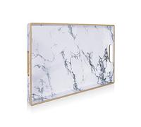 Gifturbo White Marble Serving Tray with Handles, Rectangular Coffee Table Ottoman Decorative Plastic Tray, Gold Rim for Living Room, Bathroom, Decor, 15.7 x 10.2 x 1.37 Inches