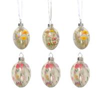 Giftware Trading Set of 6 Floral Easter Egg Hanging Decorations - Clear Egg Ornaments with Flower Designs and Ribbon Loops - Spring Tree Décor