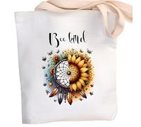 GIFTZ GALORE GIFTS & CRAFT SUPPLIES Bee Kind Sunflower Dreamcatcher Canvas Tote Bag, White, 41 x 37 cm, Double Handle