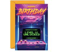 Giftzie 16th Gamer Birthday Cards for Boys Girls - Level 16 Unlocked - Happy 16 Birthday Card for Son Daughter Nephew Niece Grandson, 5x7 Inch Sixteen Sixteenth Bday Video Game Greeting Cards