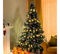 GIGALUMI 5ft Artificial Christmas Tree Flocked Snow Trees with 760 PVC Branch Tips, 50 Pine Cones,Solid Metal Legs Perfect for Indoor and Outdoor Holiday Decoration Unlit - Green/White