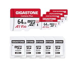 Gigastone 64GB Memory Card Pack of 5 Cards, Camera Plus Serial, Speed up to 95MB/s. Ideal for Full HD Video Gopro Drone Camera, U1 C10 Micro SDXC Card with Mini Shell and SD Adapter.