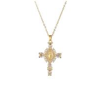 GIGB PBDK Gold Plated Rhinestone Cross Necklace for Women, Sparkling Miraculous Medal Crucifix Pendant, Fine Chain Necklace, Sweet Catholic Baptism Jewelry Gift, Large, Alloy Steel, No Gemstone