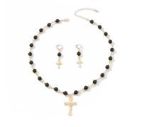 GIGB PBDK Gothic Cross Necklaces Jewelry Set for Women Vintage Crucifix Black Beaded Pendant Choker Earrings Modern Charm Blessing Necklace Wedding Jewelry, L, Metal, No Gemstone