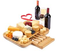 Giggi Bamboo Cheese Board and Knife Set - Charcuterie Boards with Storage, 4 Knives, Wooden Serving Platter, Cheese Board Gift Set for House Warming Gift, Christmas, Parties (Large 40 x 30cm)