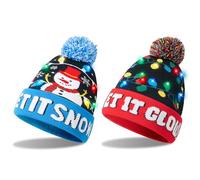 Giggling Getup 2 Pcs Unisex Light Up Christmas Hat with Pom Poms, Snowman Beanies Xmas Hats for Adults Kids, Warm Knit Hats for Presents