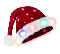 Giggling Getup Adults Christmas Hat, Light-up Christmas Santa Elf Hats with Pom Poms, Soft Plush Xmas Hat with Colorful Lights for Mens and Womens