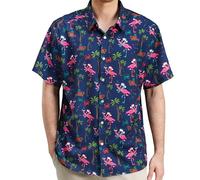 Giggling Getup Christmas Hawaiian Shirt for Men Short Sleeve Button Down Shirts Funny Casual 80s 90s Vacation Golf Polo Shirt Santa Hat Flamingos Printed (Blue-M)