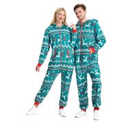 Giggling Getup Green Adults Men Christmas Pajamas with Hood, Loose Nordic Print Pattern Christmas Pajamas for Holiday Pajamas Jumpsuits-S