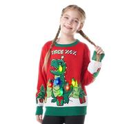 Giggling Getup Kids Ugly Christmas Sweater, LED Light Up Xmas Dinosaur Pullover, Cute Holiday Knitwear for Child-Medium(8-10Y) Red and Green