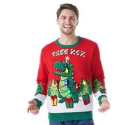 Giggling Getup Men’s Ugly Christmas Sweater, Men LED Light Up Xmas Dinosaur Pullover, Holiday Knitwear for Men-XL Red and Green