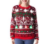 Giggling Getup Nordic Christmas Sweater for Women and Men - Light Up LED Reindeer Ugly Winter Sweater - Size M, Red