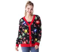 Giggling Getup Ugly Christmas Cardigan Sweaters, Funny Light Up Christmas Ugly Knitwear, Candy Cane V-Neck Cardigan Pullover for Women-S