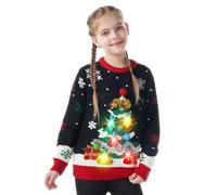Giggling Getup Ugly Christmas Sweater for Kids, LED Light Up Christmas Tree Pullover, Holiday Knitwear for Kids-Large(10-12Y) Black