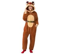 Giggling Getup Women Hooded Christmas Pajamas Outfit, Adult One-piece Winter Pajamas, Brown, M